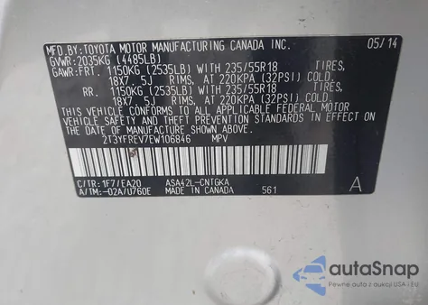 2014 Toyota Rav4 Limited z USA, uszkodzony, nr VIN 2T3YFREV7EW106846